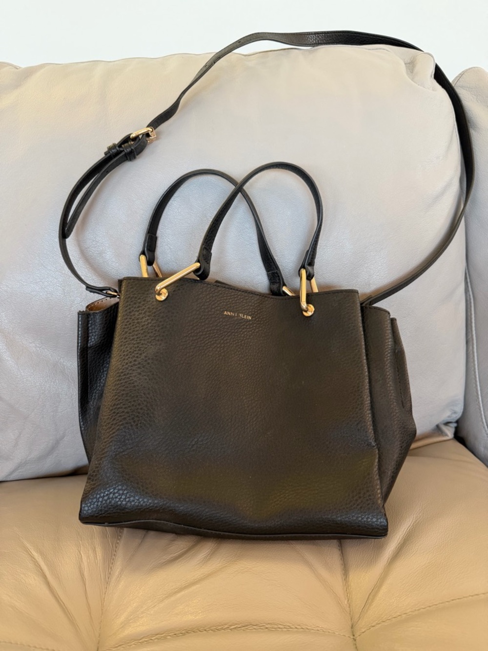 Anne Klein Black Pebbled Satchel Crossbody Bag Gold Hardware